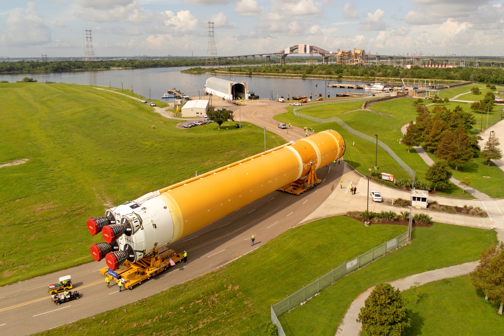 Artemis core stage moving from NASA's Michoud Assembly Facility to the Pegasus barge
